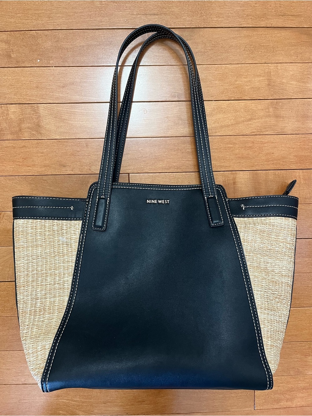 Nine West Black & Natural Straw Panel Tote
